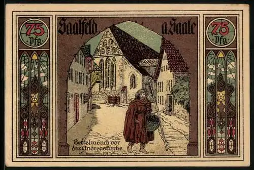 Notgeld Saalfeld a. Saale 1921, 75 Pfennig, Der Bettelmönch vor der Andreaskirche