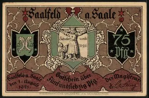 Notgeld Saalfeld a. Saale 1921, 75 Pfennig, Der Bettelmönch vor der Andreaskirche