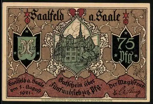 Notgeld Saalfeld a. Saale 1921, 75 Pfennig, Der Empfang von Emigranten auf dem Markt