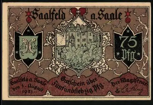 Notgeld Saalfeld a. Saale 1921, 75 Pfennig, Handelsverkehr über die alte Saalbrücke