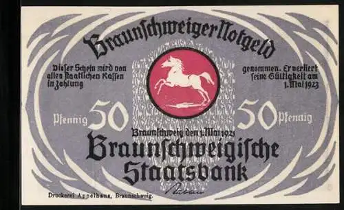 Notgeld Braunschweig 1921, 50 Pfennig, Kirche mit Brunnen, Wappen