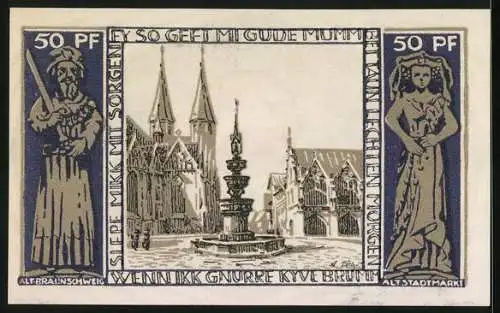 Notgeld Braunschweig 1921, 50 Pfennig, Kirche mit Brunnen, Wappen