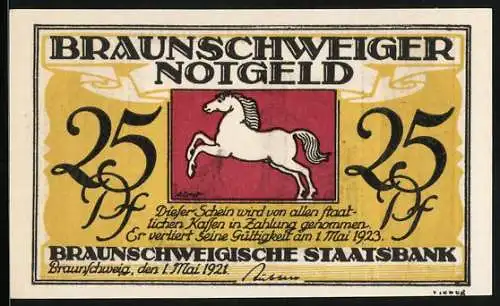 Notgeld Braunschweig 1921, 25 Pfennig, Kirche mit Denkmal, Wappen