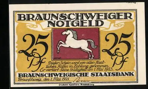 Notgeld Braunschweig 1921, 25 Pfennig, Bad Harzburg, Kurhaus, Wappen