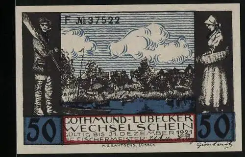 Notgeld Gothmund-Lübeck 1921, 50 Pfennig, Ortspartie Fischer flickt Netze