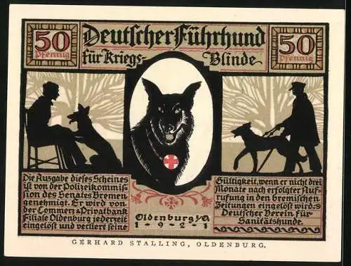 Notgeld Oldenburg 1921, 50 Pfennig, Führhund für Kriegsblinde, Ein treuer Wegweiser