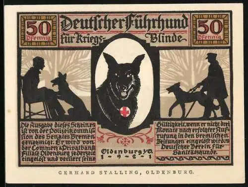 Notgeld Oldenburg 1921, 50 Pfennig, Führhund für Kriegsblinde, Ein Führer auf Stieg und Steig