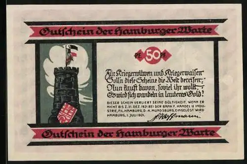 Notgeld Hamburg 1921, 50 Pfennig, Hamburger Warte, Soldat am Kreuz