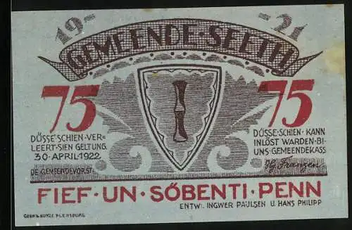 Notgeld Seeth 1922, 75 Pfennig, Stadtwappen