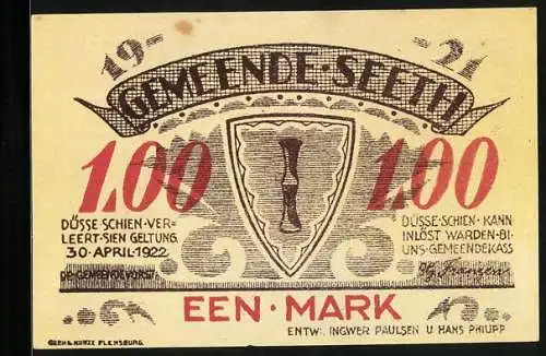Notgeld Seeth 1922, 1 Mark, Schwein und Rind, Stadtwappen