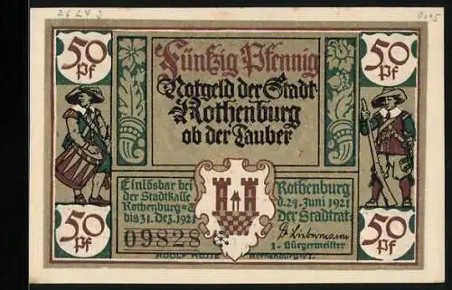 Notgeld Rothenburg ob der Tauber 1921, 50 Pfennig, Kellermeister, Stadtwappen