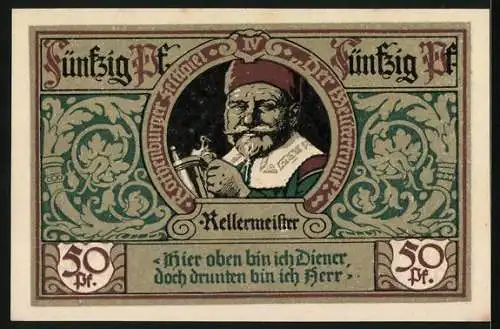 Notgeld Rothenburg ob der Tauber 1921, 50 Pfennig, Kellermeister, Stadtwappen