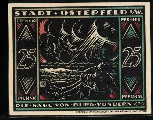 Notgeld Osterfeld i. W. 1921, 25 Pfennig, Die Sage von Burg Vondern, Ritter sieht Pferde im Sturm auf See