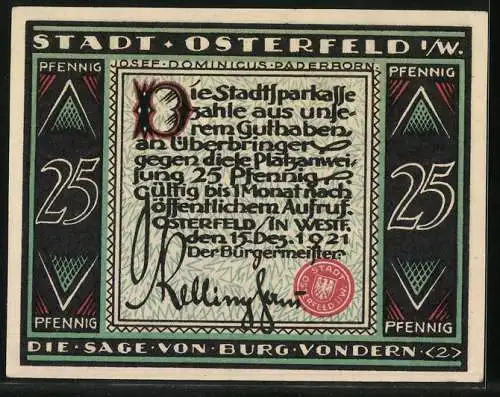 Notgeld Osterfeld i. W. 1921, 25 Pfennig, Die Sage von Burg Vondern, Ritter sieht Pferde im Sturm auf See