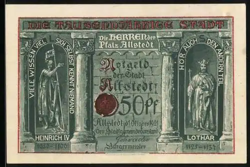 Notgeld Allstedt 1921, 50 Pfennig, Wigbertikirche, Heinrich IV. 1050-1100 u. Lothar 1125-1137