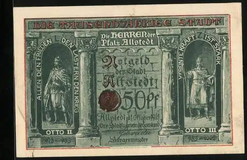 Notgeld Allstedt 1921, 50 Pfennig, Teilansicht, Otto II. 973-983 u. Otto III. 983-1002
