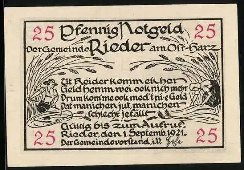 Notgeld Rieder am Ost-Harz 1921, 25 Pfennig, Die Roseburg, Bauernpaar bei der Ernte