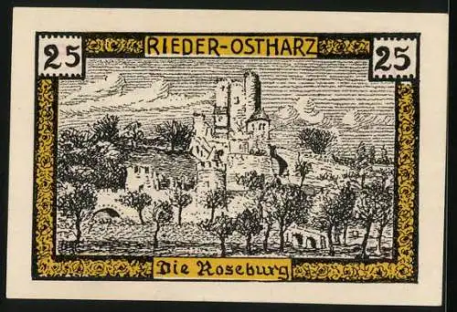 Notgeld Rieder am Ost-Harz 1921, 25 Pfennig, Die Roseburg, Bauernpaar bei der Ernte