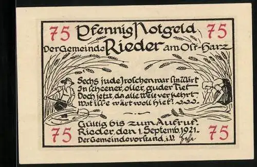 Notgeld Rieder am Ost-Harz 1921, 75 Pfennig, Teilansicht mit Kirche, Bauernpaar bei der Ernte