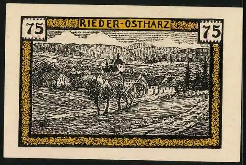 Notgeld Rieder am Ost-Harz 1921, 75 Pfennig, Teilansicht mit Kirche, Bauernpaar bei der Ernte