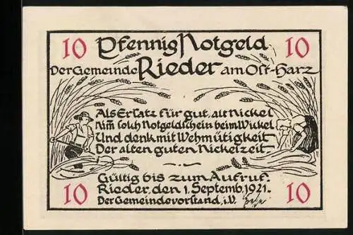 Notgeld Rieder am Ost-Harz 1921, 10 Pfennig, Am Rathaus, Bauernpaar bei der Ernte