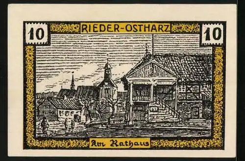 Notgeld Rieder am Ost-Harz 1921, 10 Pfennig, Am Rathaus, Bauernpaar bei der Ernte