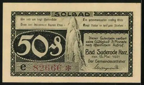 Notgeld Bad Suderode /Harz 1921, 50 Pfennig, Blick in`s Kalte Tal