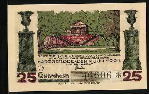 Notgeld Harzgerode 1921, 25 Pfennig, Säulen, Gebäude mit Treppenvorbau, Alexisbad um 1830