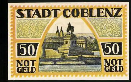 Notgeld Coblenz 1921, 50 Pfennig, Teilansicht mit Rhein und Reiterdenkmal, Kreuz mit Krone