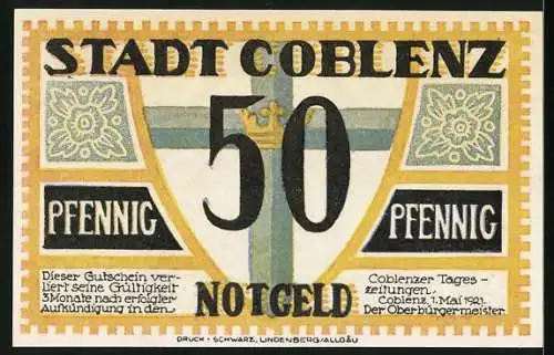 Notgeld Coblenz 1921, 50 Pfennig, Teilansicht mit Rhein und Reiterdenkmal, Kreuz mit Krone