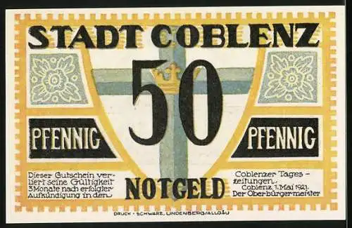 Notgeld Coblenz 1921, 50 Pfennig, Schloss, Kreuz mit Krone