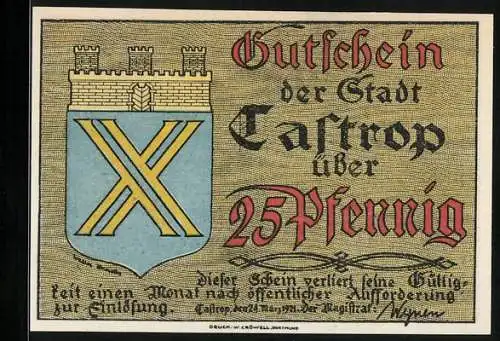 Notgeld Castrop, 25 Pfennig, Bergmann mit Pferdegespann, Stadtwappen