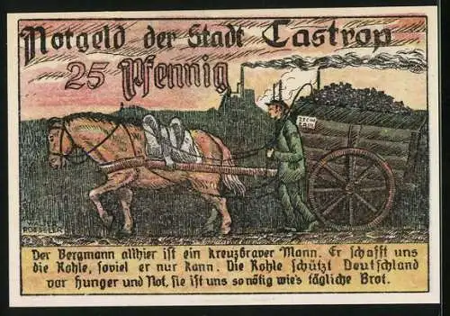 Notgeld Castrop, 25 Pfennig, Bergmann mit Pferdegespann, Stadtwappen