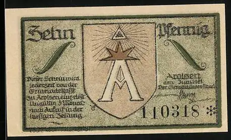 Notgeld Arolsen 1921, 10 Pfennig, Ortspartie, Stadtwappen