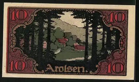 Notgeld Arolsen 1921, 10 Pfennig, Ortspartie, Stadtwappen