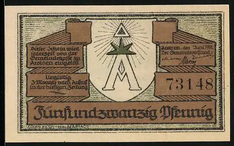 Notgeld Arolsen 1921, 25 Pfennig, Schloss, Stadtwappen