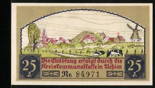 Notgeld Achim 1921, 25 Pfennig, Ortspartie mit Windmühle und Kühen