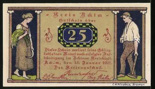 Notgeld Achim 1921, 25 Pfennig, Ortspartie mit Windmühle und Kühen