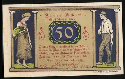 Notgeld Achim 1921, 50 Pfennig, Arbeiter und Bauersfrau