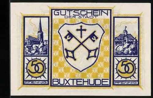 Notgeld Buxtehude, 50 Pfennig, Kirche, Rathaus, Stadtwappen