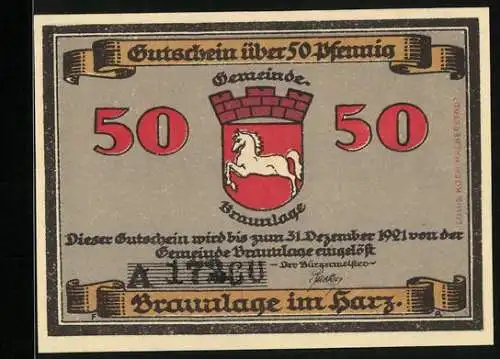 Notgeld Braunlage 1921, 50 Pfennig, Braunlach, Das Eisen-Hüttenwerk 1650, Stadtwappen