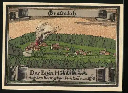 Notgeld Braunlage 1921, 50 Pfennig, Braunlach, Das Eisen-Hüttenwerk 1650, Stadtwappen