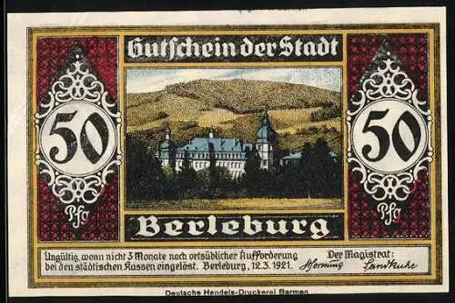 Notgeld Berleburg 1921, 50 Pfennig, Blick zum Schloss