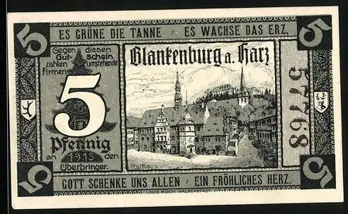 Notgeld Blankenburg a. Harz 1920, 5 Pfennig, Rathaus