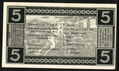 Notgeld Blankenburg a. Harz 1920, 5 Pfennig, Rathaus
