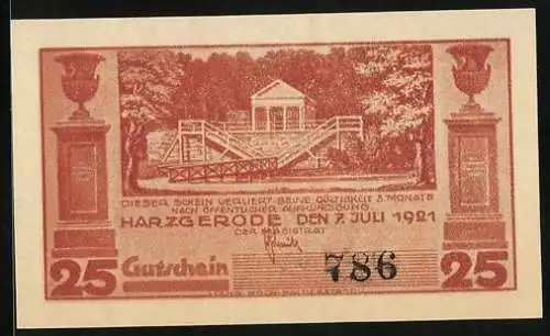 Notgeld Harzgerode 1921, 25 Pfennig, Säulen, Gebäude mit Treppenvorbau, Alexisbad um 1830