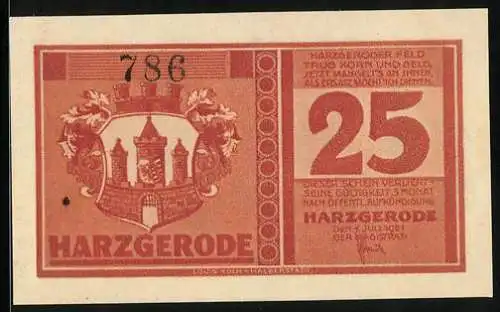 Notgeld Harzgerode 1921, 25 Pfennig, Säulen, Altes Haus, Stadtwappen