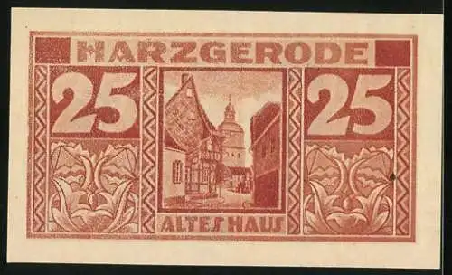 Notgeld Harzgerode 1921, 25 Pfennig, Säulen, Altes Haus, Stadtwappen
