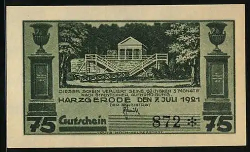 Notgeld Harzgerode 1921, 75 Pfennig, Säulen, Gebäude mit Treppenvorbau, Alexisbad