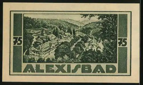 Notgeld Harzgerode 1921, 75 Pfennig, Säulen, Gebäude mit Treppenvorbau, Alexisbad